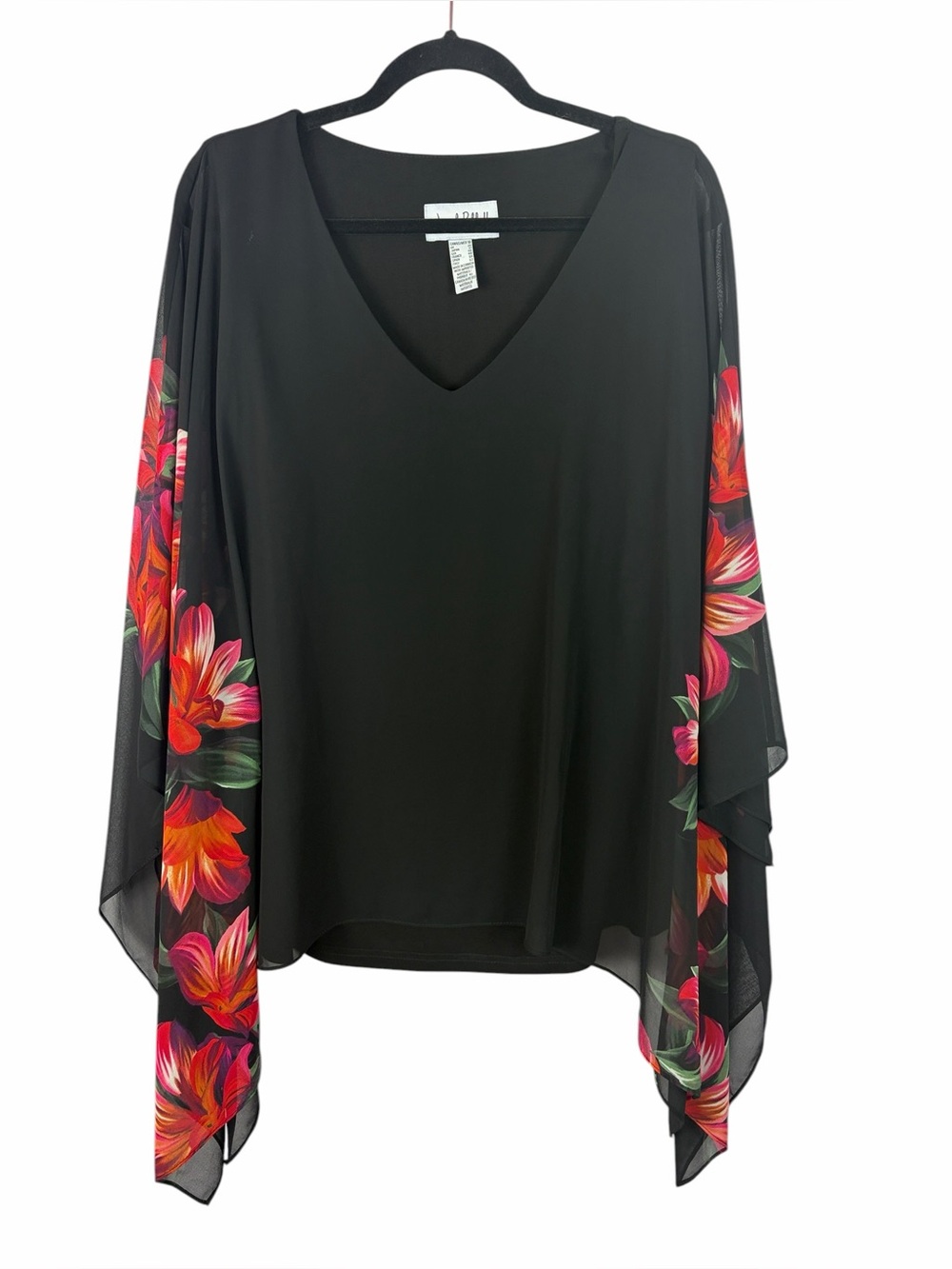 Joseph Ribkoff Black Floral Cape Sleeve Blouse Poncho Top Size 18
